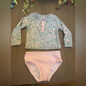 NWT RuffleButts 2 piece Long Sleeve Zipper Rash Guard Tea Roses